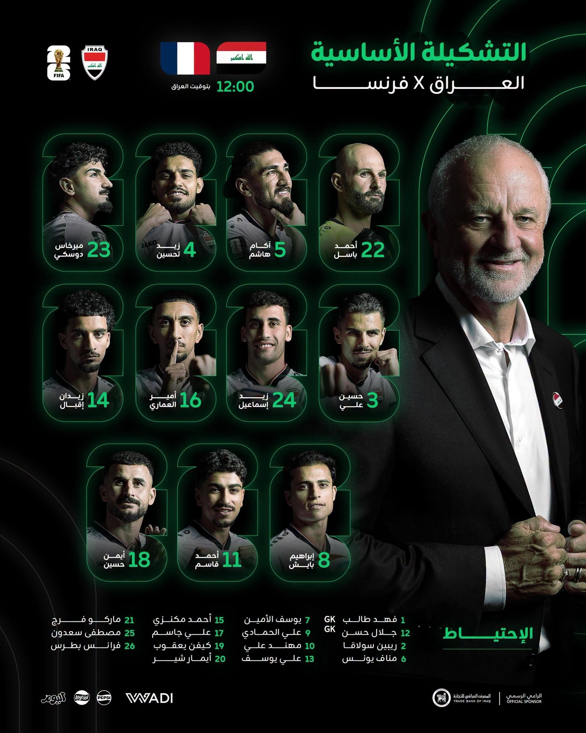 تشكيل منتخب العراق ضد فرنسا