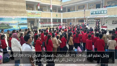 وكيل تعليم الغربية: 372.934 ألف طالب بالصفوف الأولى و209.372 ألفًا في الإعدادي خلال ثاني أيام الفصل الدراسي