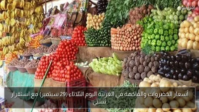أسعار الخضروات والفاكهة في الغربية اليوم الثلاثاء (29 سبتمبر) مع استقرار نسبي