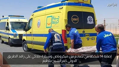 إصابة 14 شخصًا في تصادم بين ميكروباص وسيارة ملاكي على رافد الطريق الدولي كفرالشيخ/بلطيم