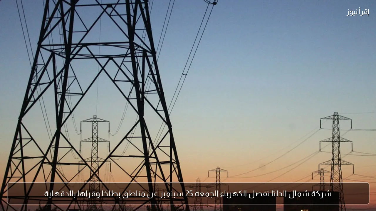 شركة شمال الدلتا تفصل الكهرباء الجمعة 25 سبتمبر عن مناطق بطلخا وقراها بالدقهلية
