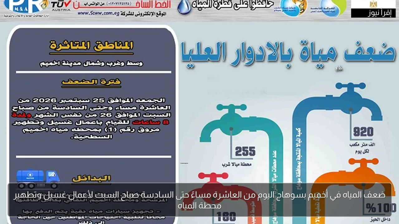 ضعف المياه في أخميم بسوهاج اليوم من العاشرة مساءً حتى السادسة صباح السبت لأعمال غسيل وتطهير محطة المياه