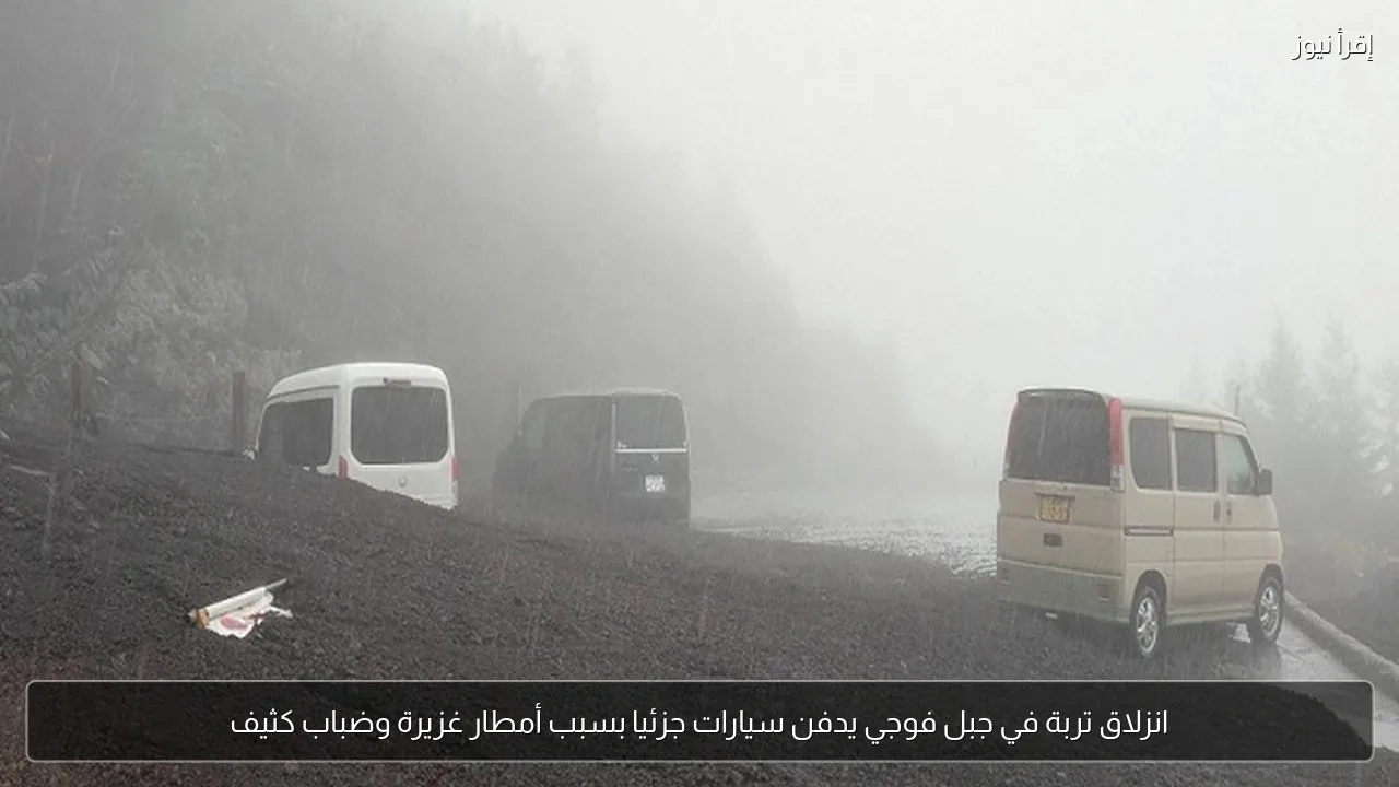 انزلاق تربة في جبل فوجي يدفن سيارات جزئيا بسبب أمطار غزيرة وضباب كثيف