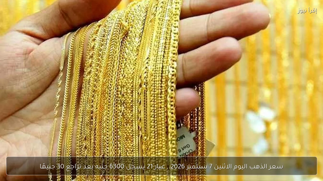 سعر الذهب اليوم الاثنين 7 سبتمبر 2026.. عيار 21 يسجل 6300 جنيه بعد تراجع 30 جنيهًا