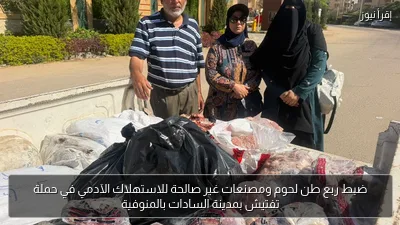 ضبط ربع طن لحوم ومصنعات غير صالحة للاستهلاك الآدمي في حملة تفتيش بمدينة السادات بالمنوفية