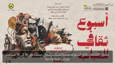 قصور الثقافة تطلق أسبوعًا ثقافيًا لشباب شمال سيناء من 14 إلى 19 سبتمبر بورش فنية وأدبية