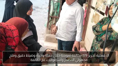 الدقهلية: تحرير 179 مخالفة تموينية خلال حملة واحدة وضبط دقيق وملح مجهولي المصدر وأسطوانات غاز مخالفة