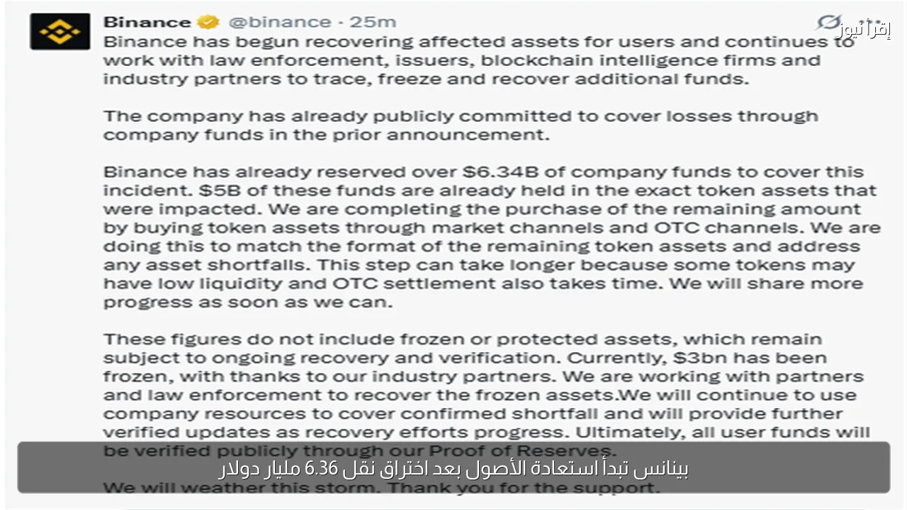 بينانس تبدأ استعادة الأصول بعد اختراق نقل 6.36 مليار دولار