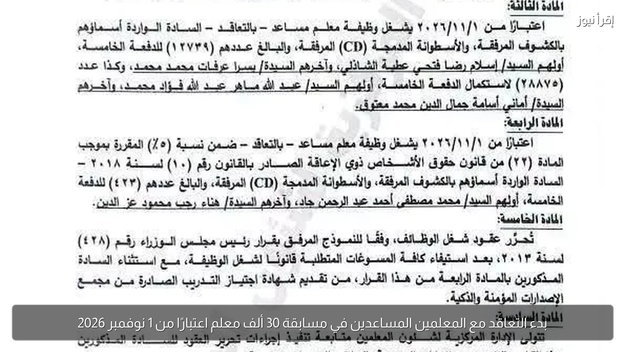 بدء التعاقد مع المعلمين المساعدين في مسابقة 30 ألف معلم اعتبارًا من 1 نوفمبر 2026