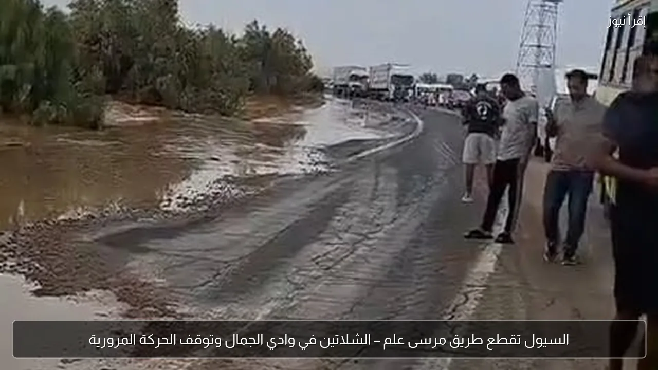 السيول تقطع طريق مرسى علم – الشلاتين في وادي الجمال وتوقف الحركة المرورية
