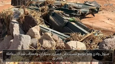 سيول وادي وتير بنويبع تتسبب في خسائر بسيارات ومعدات شركات عاملة بالطريق
