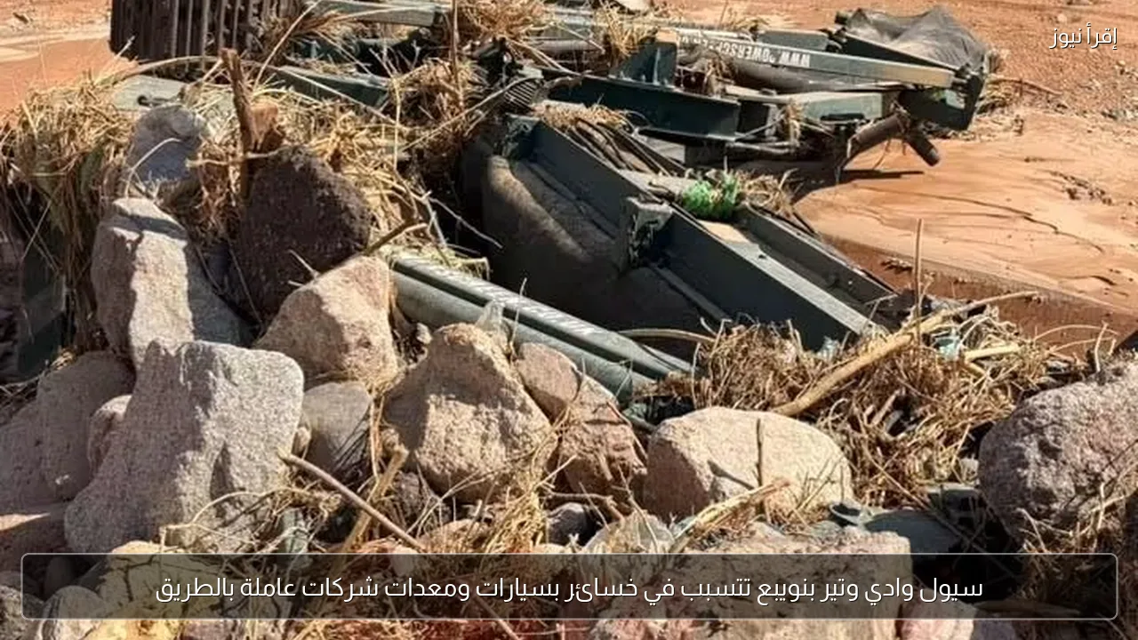 سيول وادي وتير بنويبع تتسبب في خسائر بسيارات ومعدات شركات عاملة بالطريق