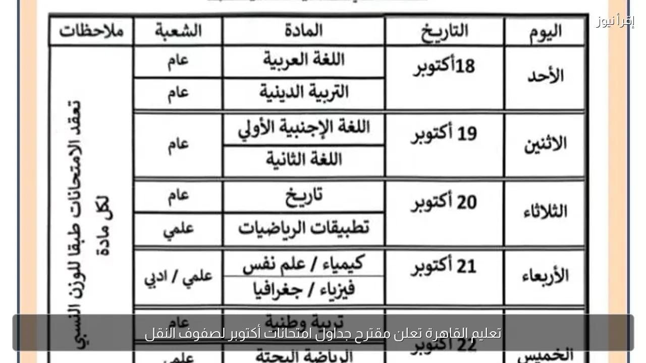 تعليم القاهرة تعلن مقترح جداول امتحانات أكتوبر لصفوف النقل