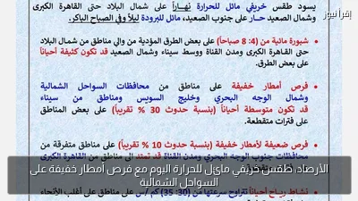 الأرصاد: طقس خريفي مائل للحرارة اليوم مع فرص أمطار خفيفة على السواحل الشمالية