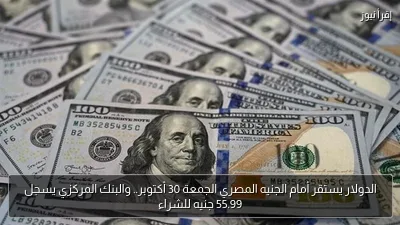 الدولار يستقر أمام الجنيه المصري الجمعة 30 أكتوبر.. والبنك المركزي يسجل 55.99 جنيه للشراء