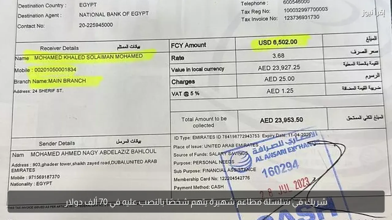 شريك في سلسلة مطاعم شهيرة يتهم شخصًا بالنصب عليه في 70 ألف دولار