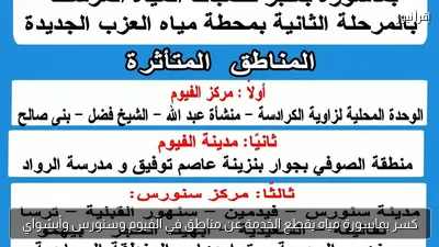 كسر بماسورة مياه يقطع الخدمة عن مناطق في الفيوم وسنورس وأبشواي