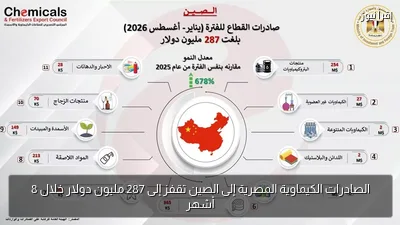 الصادرات الكيماوية المصرية إلى الصين تقفز إلى 287 مليون دولار خلال 8 أشهر