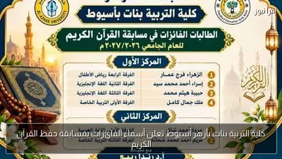 كلية التربية بنات بأزهر أسيوط تعلن أسماء الفائزات بمسابقة حفظ القرآن الكريم