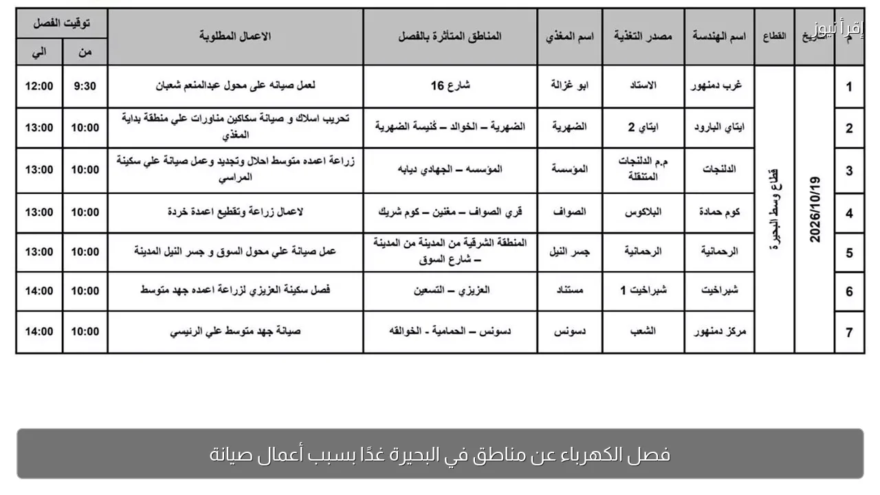 فصل الكهرباء عن مناطق في البحيرة غدًا بسبب أعمال صيانة