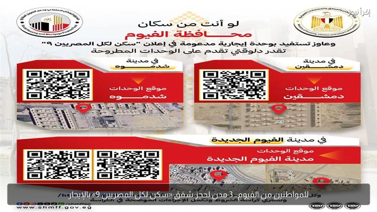 للمواطنين من الفيوم.. 3 مدن لحجز شقق «سكن لكل المصريين 9» بالإيجار