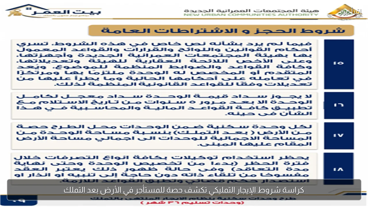 كراسة شروط الإيجار التمليكي تكشف حصة للمستأجر في الأرض بعد التملك