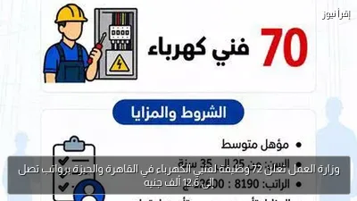وزارة العمل تعلن 72 وظيفة لفنيي الكهرباء في القاهرة والجيزة برواتب تصل إلى 12.6 ألف جنيه