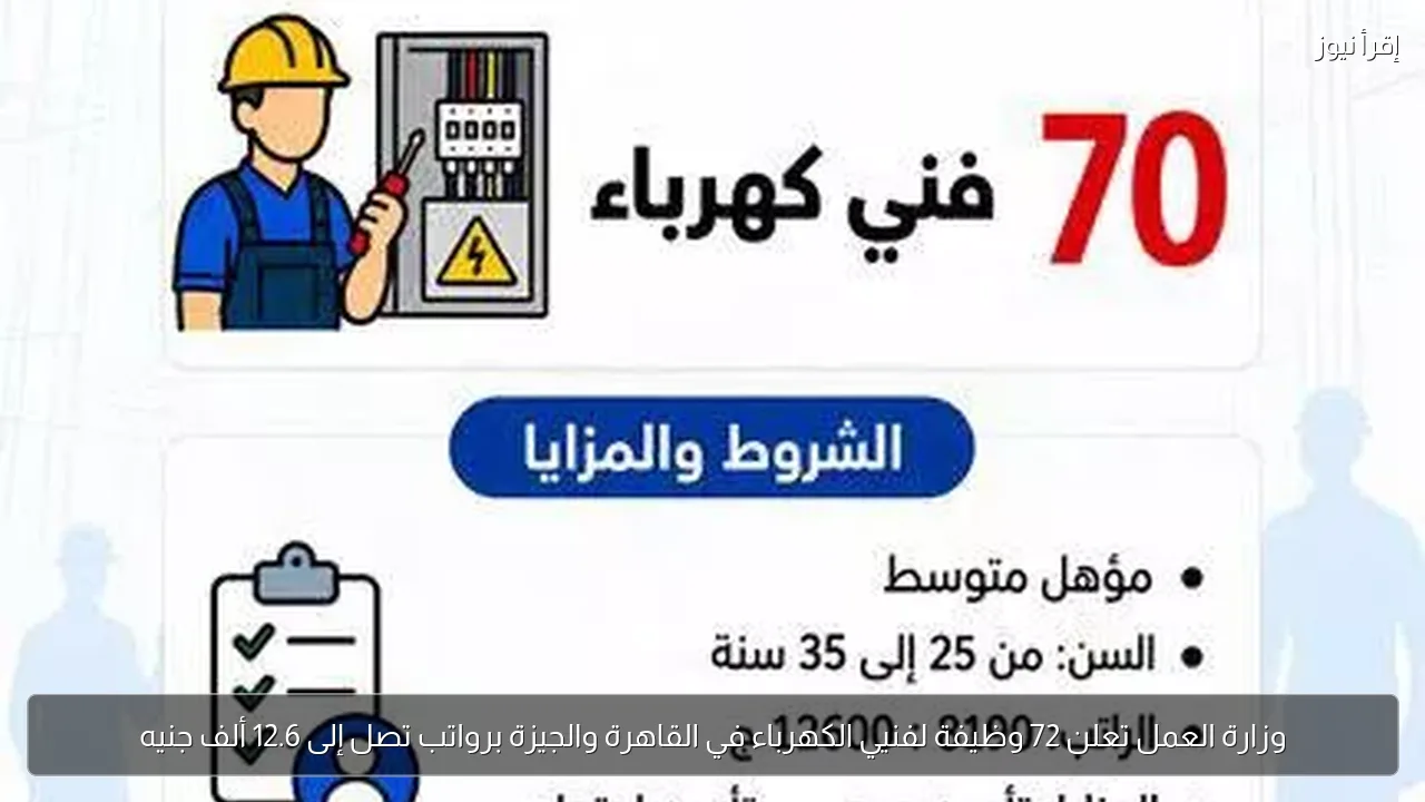 وزارة العمل تعلن 72 وظيفة لفنيي الكهرباء في القاهرة والجيزة برواتب تصل إلى 12.6 ألف جنيه