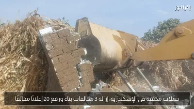 حملات مكثفة في الإسكندرية: إزالة 3 مخالفات بناء ورفع 20 إعلانًا مخالفًا