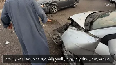 إصابة سيدة في تصادم بطريق منيا القمح بالشرقية بعد قيادتها عكس الاتجاه