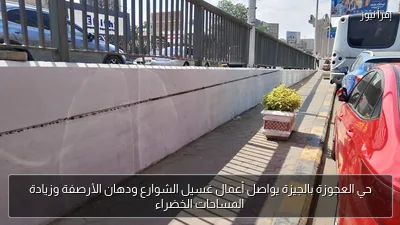 حي العجوزة بالجيزة يواصل أعمال غسيل الشوارع ودهان الأرصفة وزيادة المساحات الخضراء