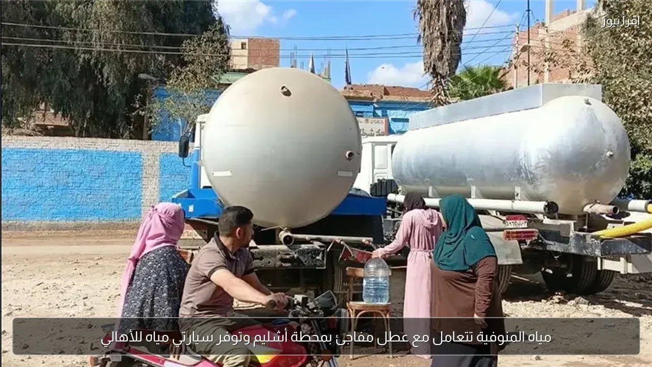 مياه المنوفية تتعامل مع عطل مفاجئ بمحطة أشليم وتوفر سيارتي مياه للأهالي