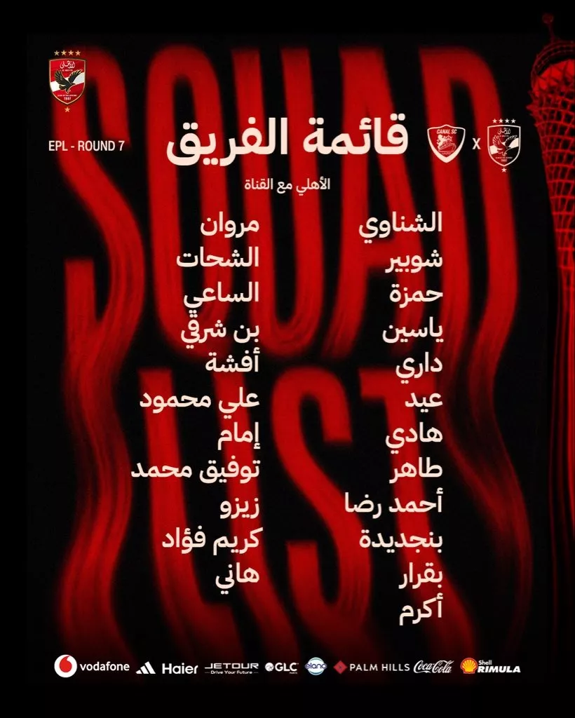 قائمة الأهلي لمباراة القناة 