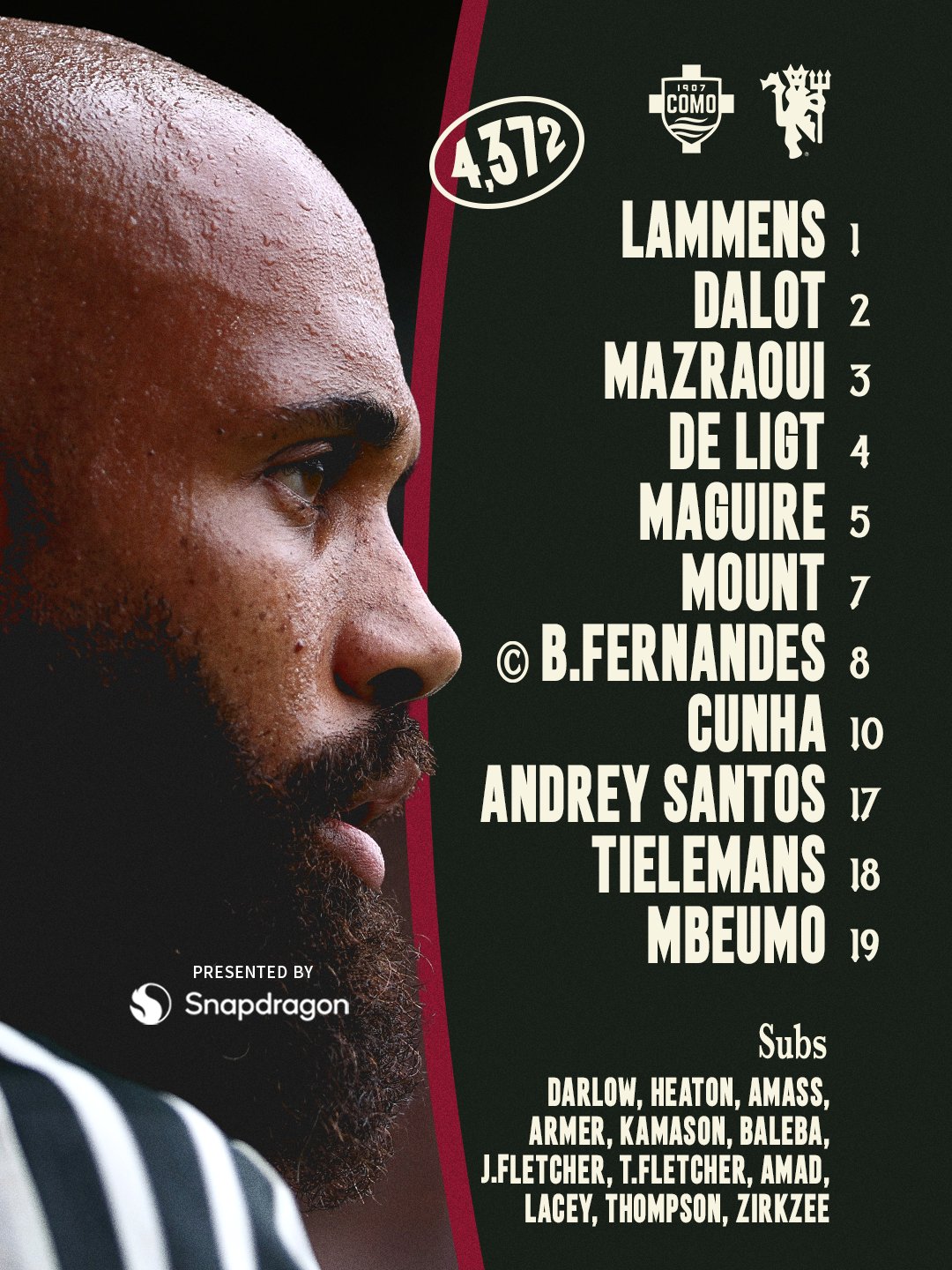 Close-up profile of Bryan Mbeumo next to a line-up list of Man Utd players and substitutes for a match against Como.
