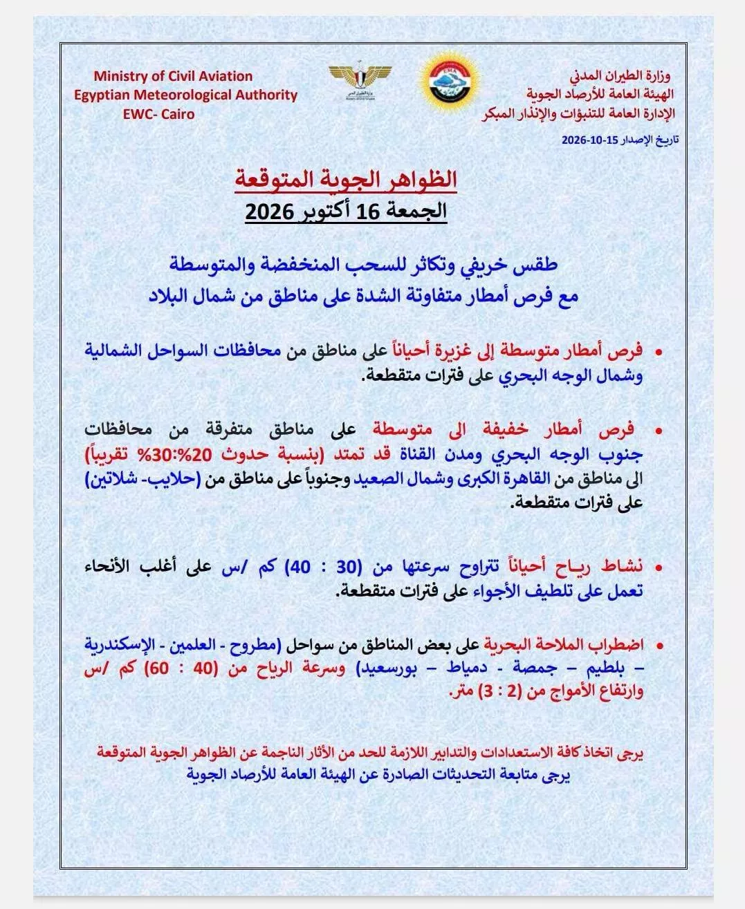 حالة الطقس اليوم الجمعة في مصر