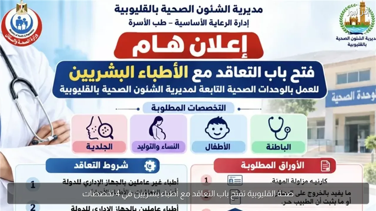 صحة القليوبية تفتح باب التعاقد مع أطباء بشريين في 4 تخصصات