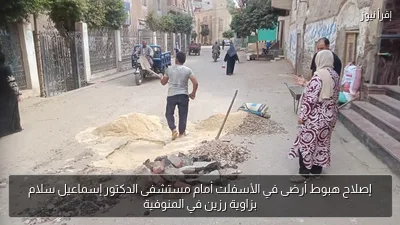 إصلاح هبوط أرضى في الأسفلت أمام مستشفى الدكتور إسماعيل سلام بزاوية رزين في المنوفية