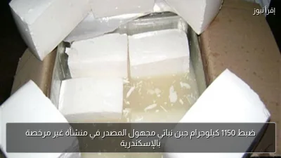 ضبط 1150 كيلوجرام جبن نباتي مجهول المصدر في منشأة غير مرخصة بالإسكندرية
