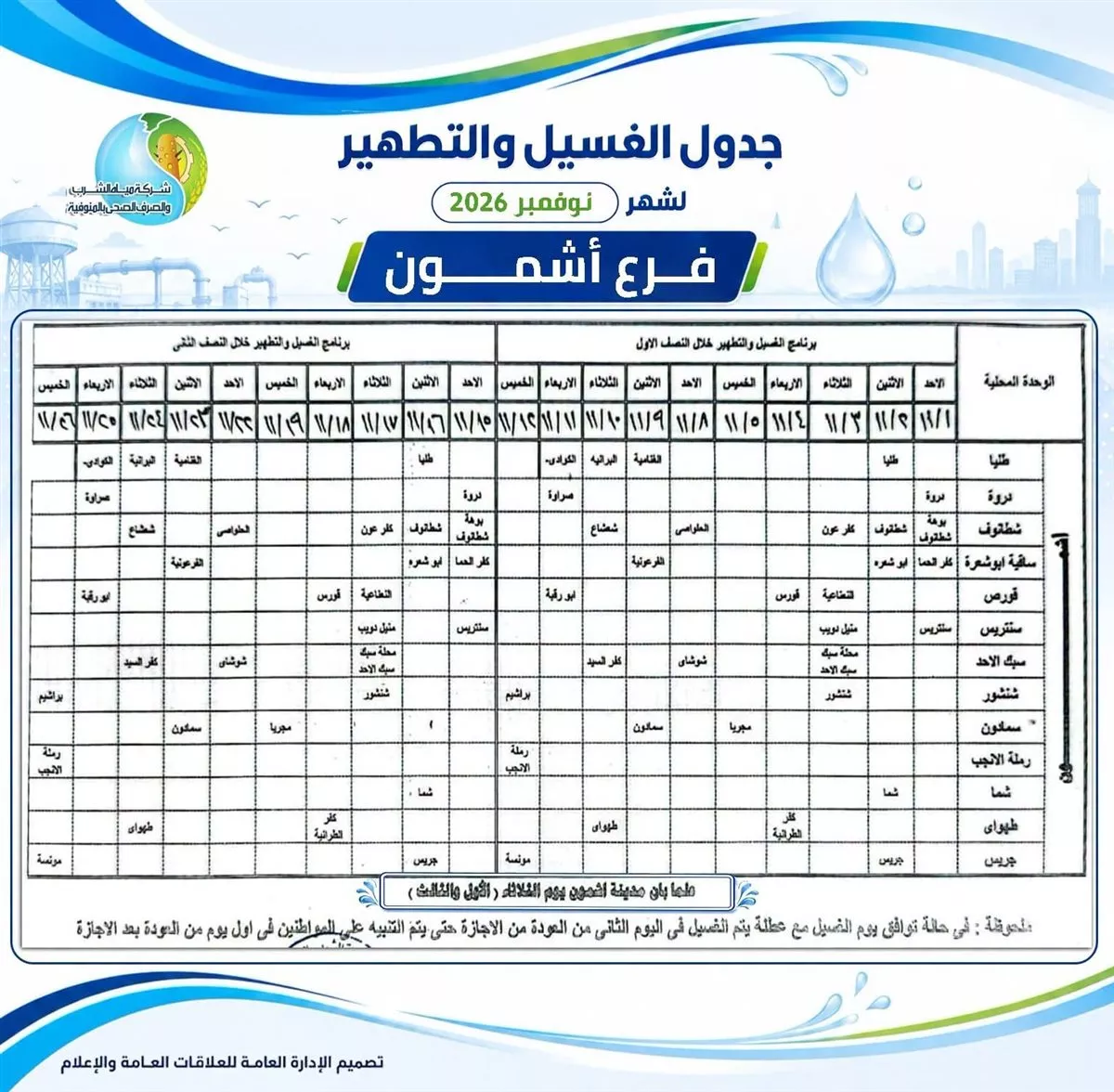 مواعيد انقطاع المياه بالمنوفية