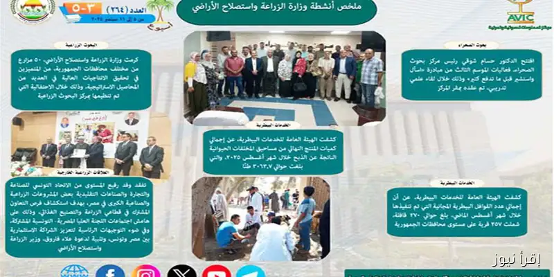 حصاد أسبوعي لوزارة الزراعة: فيديو وإنفوجراف يسلطان الضوء على أبرز الإنجازات