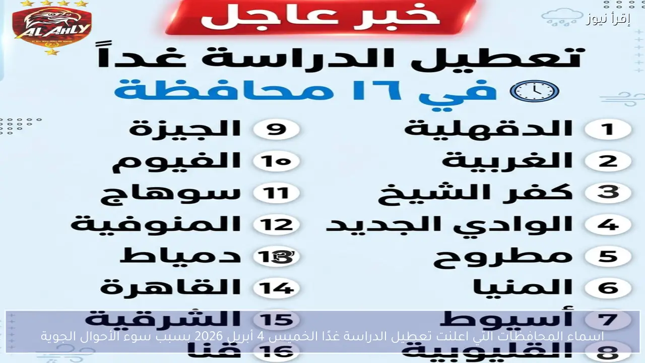 اسماء المحافظات التي اعلنت تعطيل الدراسة غدًا الخميس 2 أبريل 2026 بسبب سوء الأحوال الجوية